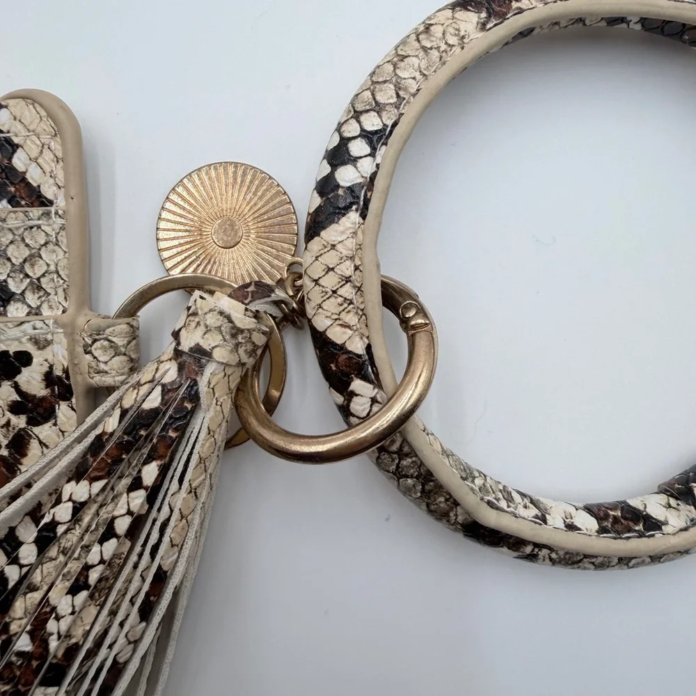 Snakeskin Print Card Holder Keychain Wristlet Bangle Tassel Neutral Tan Brown